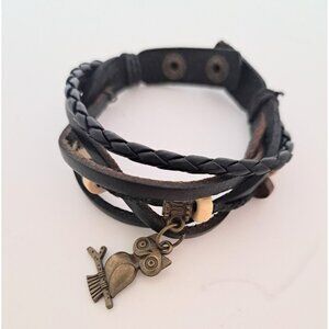 Men's Women's Unisex Black Leather Cord Rope Wrap Bracelet Wristband‎ Owl Charm